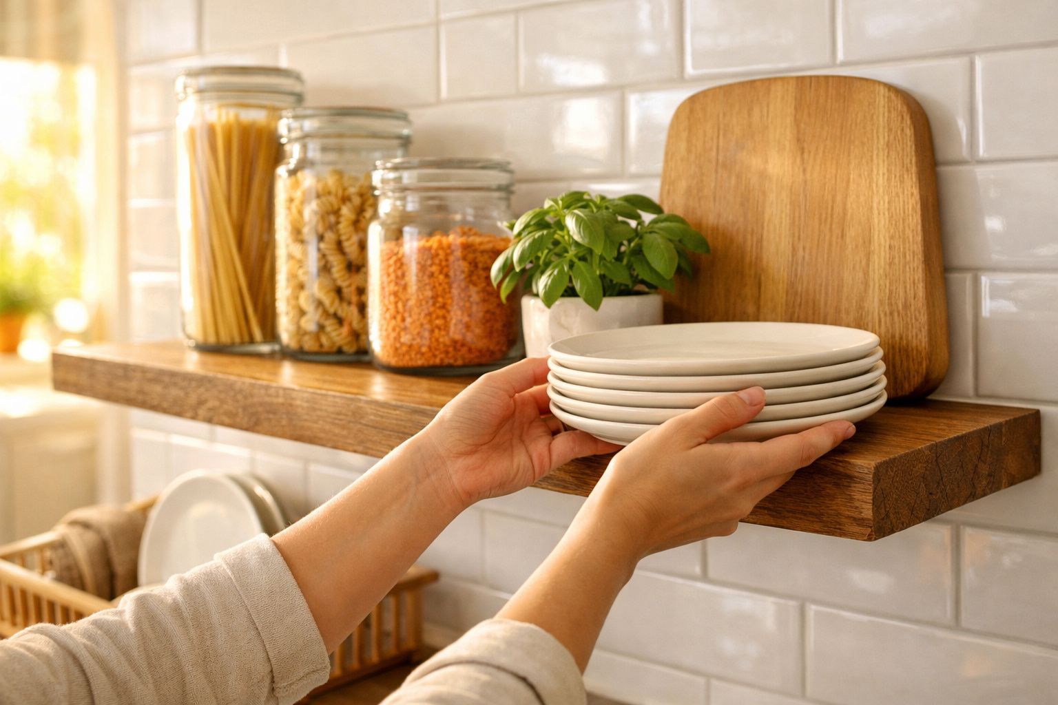 Mãos a guardar pratos brancos empilhados numa prateleira de cozinha com frascos de comida e erva aromática.