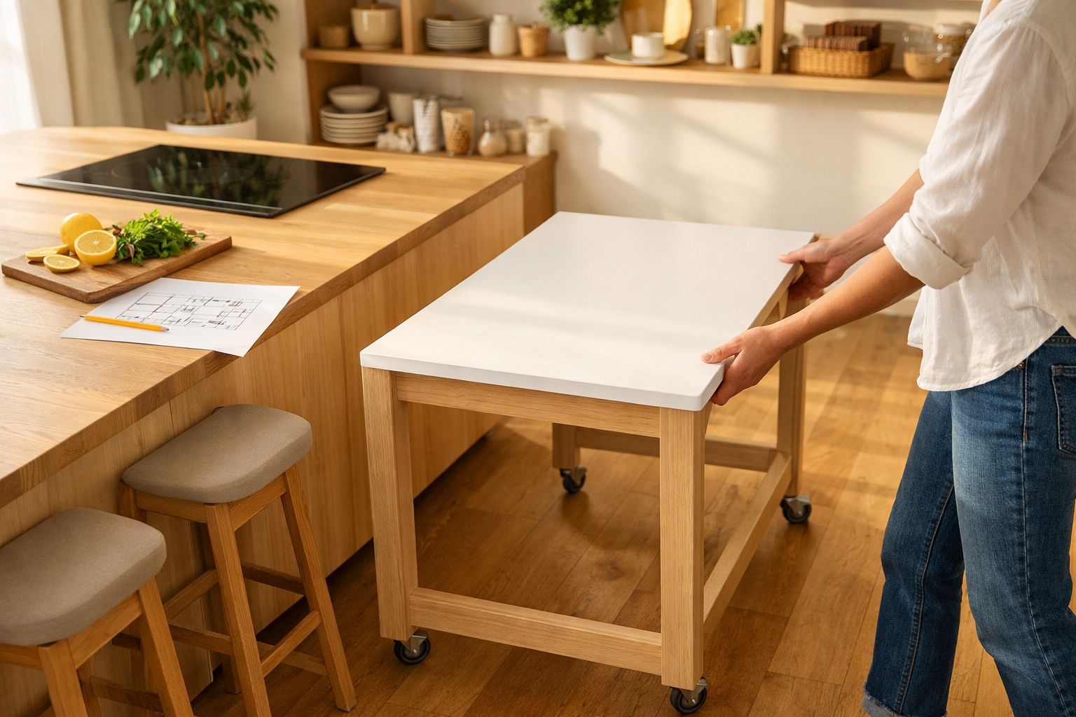Pessoa a puxar mesa de apoio móvel em cozinha moderna com bancada de madeira e taburetes.