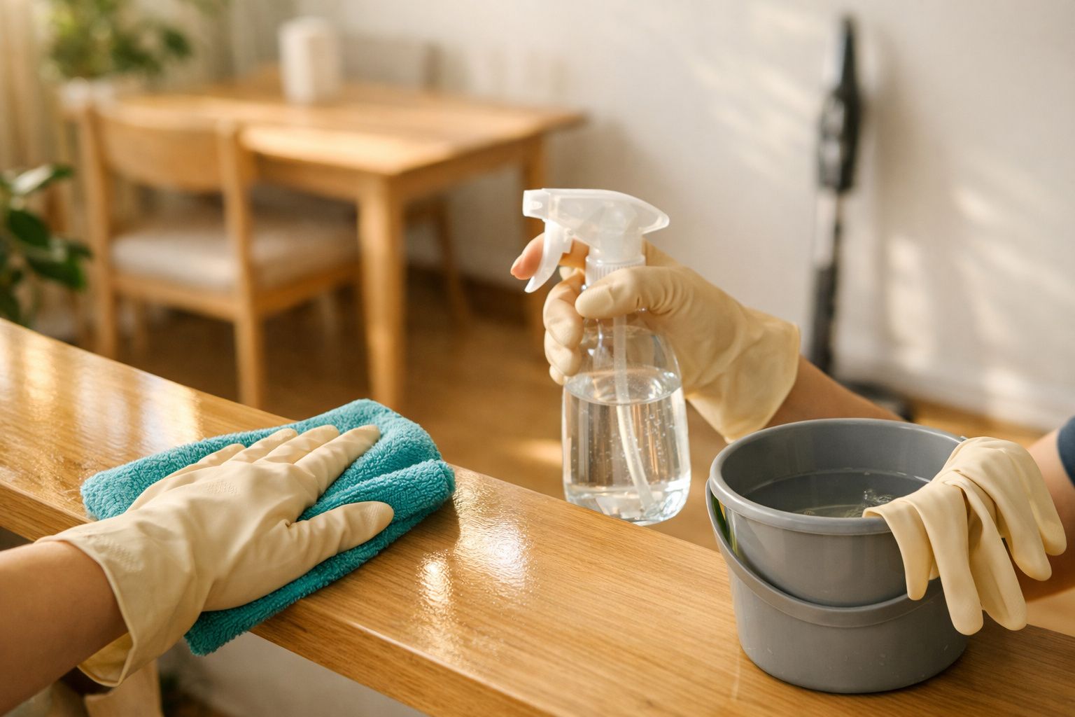 Pessoa a limpar superfície de madeira com pano azul e spray, usando luvas de proteção amarelas.