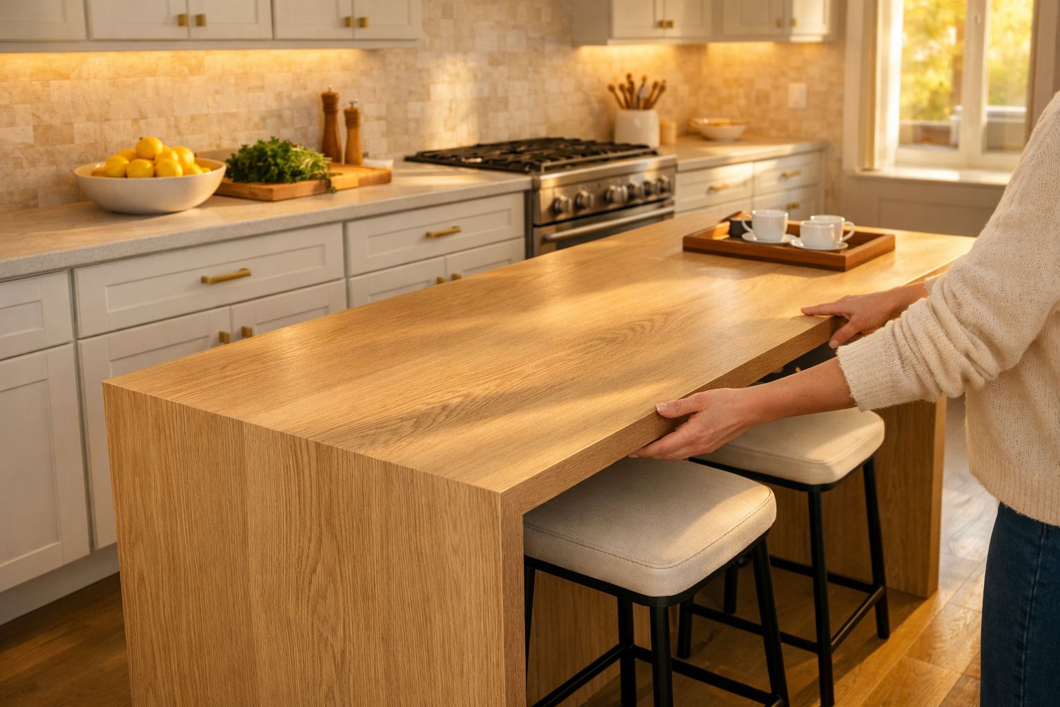 Pessoa a puxar uma mesa de madeira num ambiente de cozinha moderna iluminada.