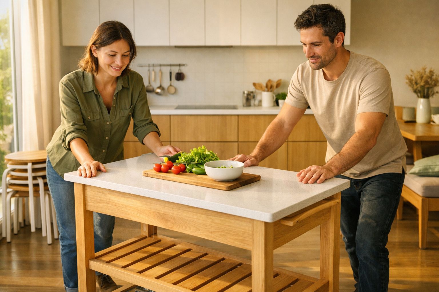 Casal a preparar refeição com legumes numa cozinha moderna e luminosa.
