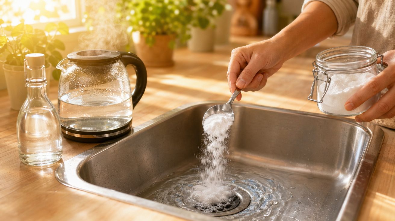Pessoa a deitar bicarbonato de sódio na pia da cozinha com jarro de vidro e jarra elétrica ao fundo.
