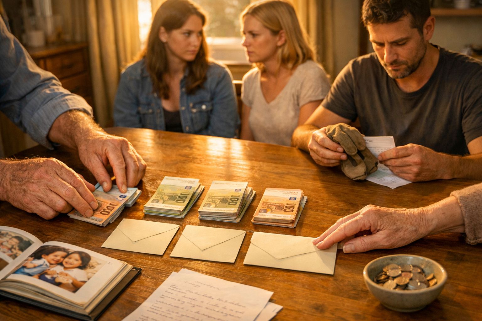 Pessoas sentadas numa mesa com envelopes e grandes quantias de dinheiro em notas.