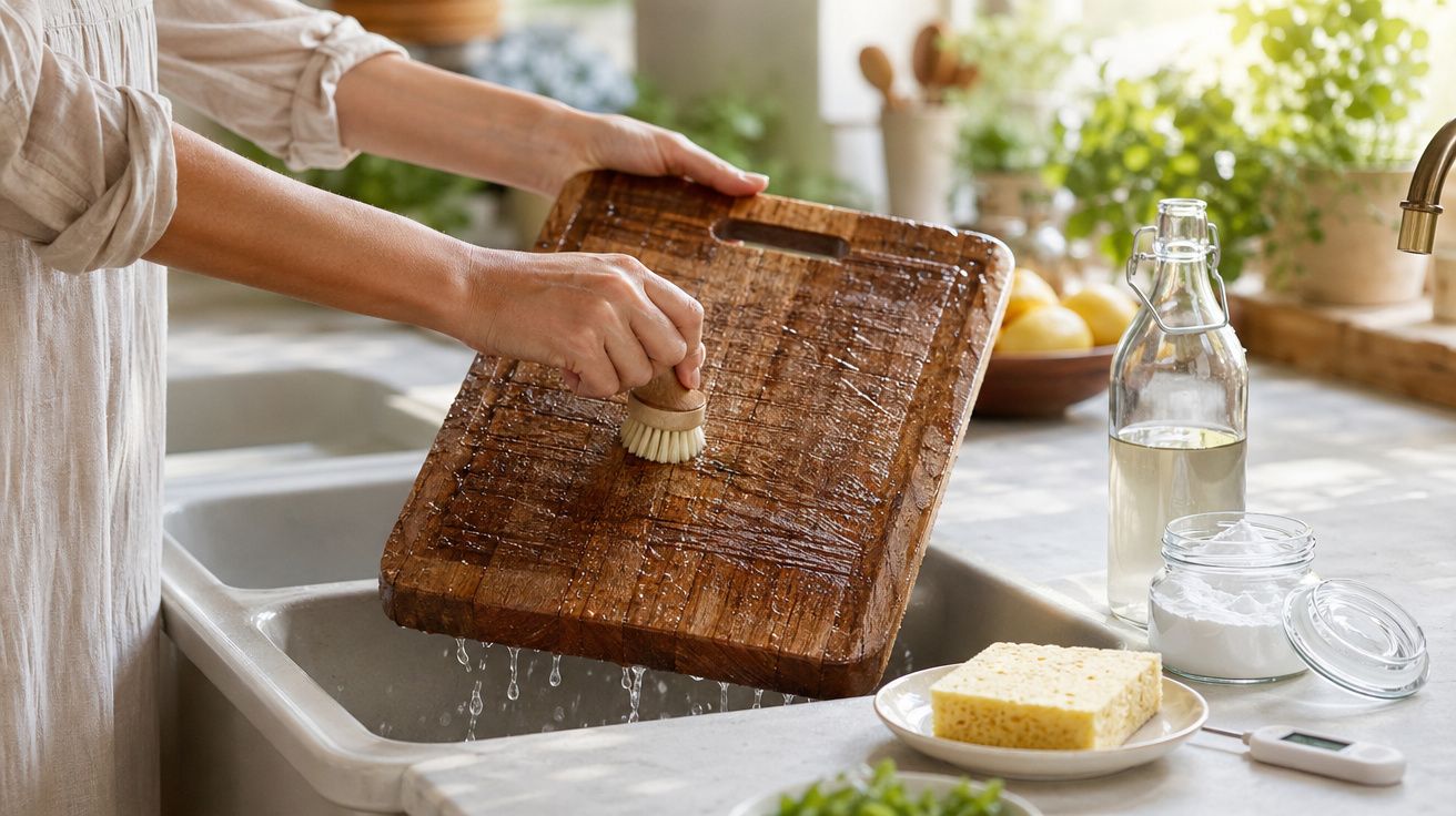 Pessoa a lavar tábua de madeira com escova na cozinha, com esponja e produtos de limpeza ao lado.