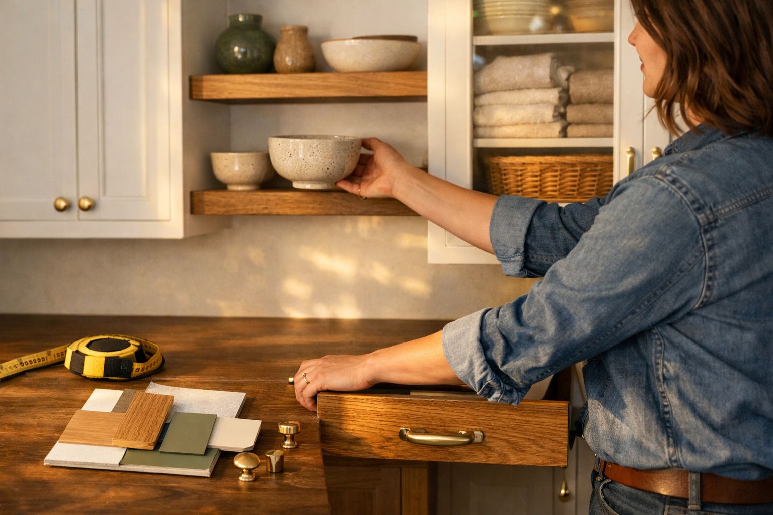 Pessoa a organizar pratos numa cozinha, com amostras de materiais sobre a bancada e um metro amarelo.