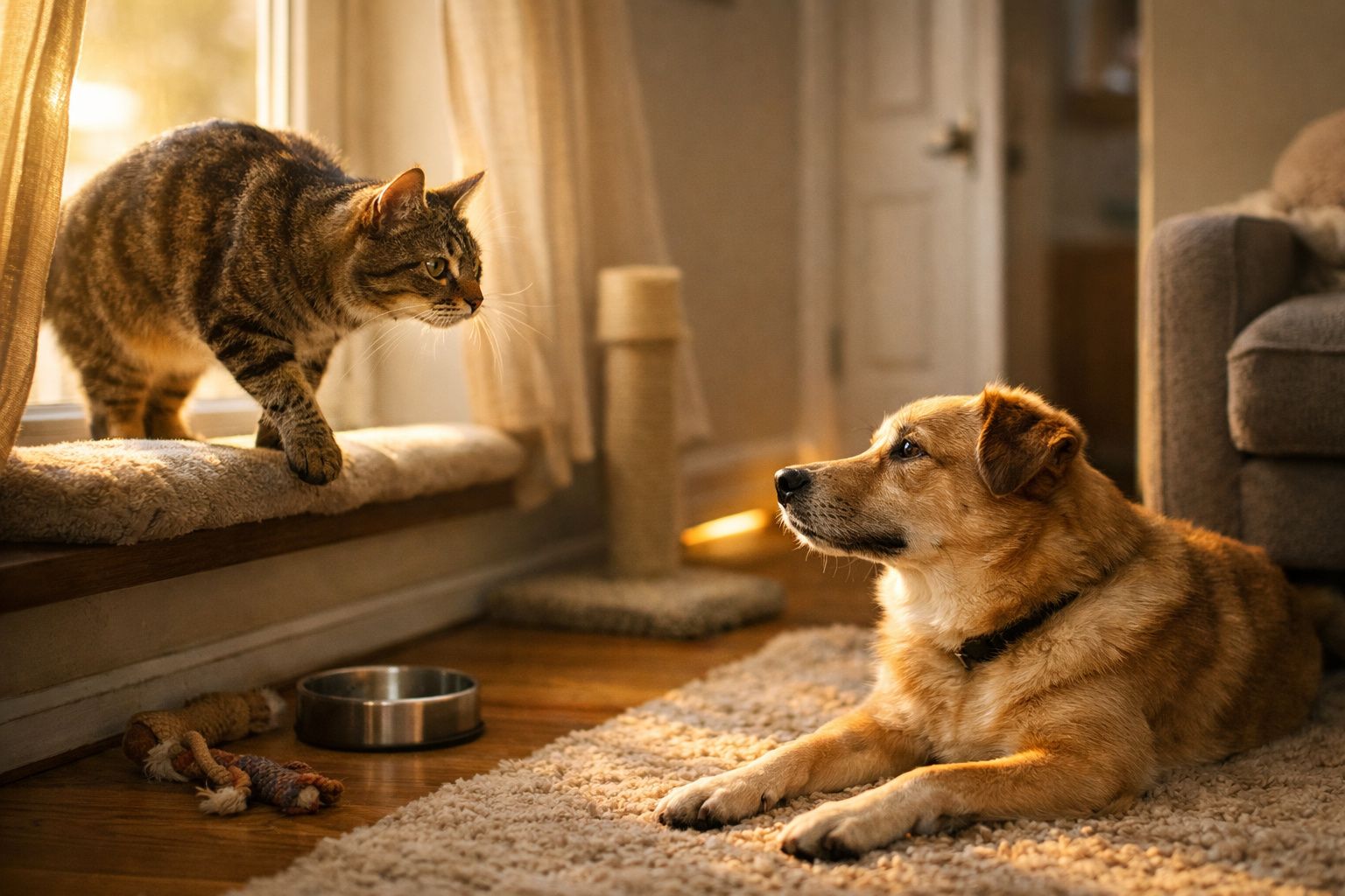 Gato e cão a olhar um para o outro numa sala acolhedora com luz natural e objetos de pet ao redor.