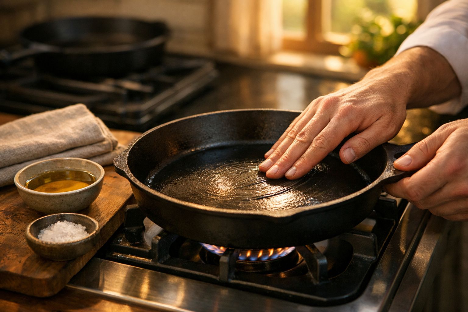 Pessoa a espalhar óleo numa frigideira de ferro sobre gás aceso na cozinha.