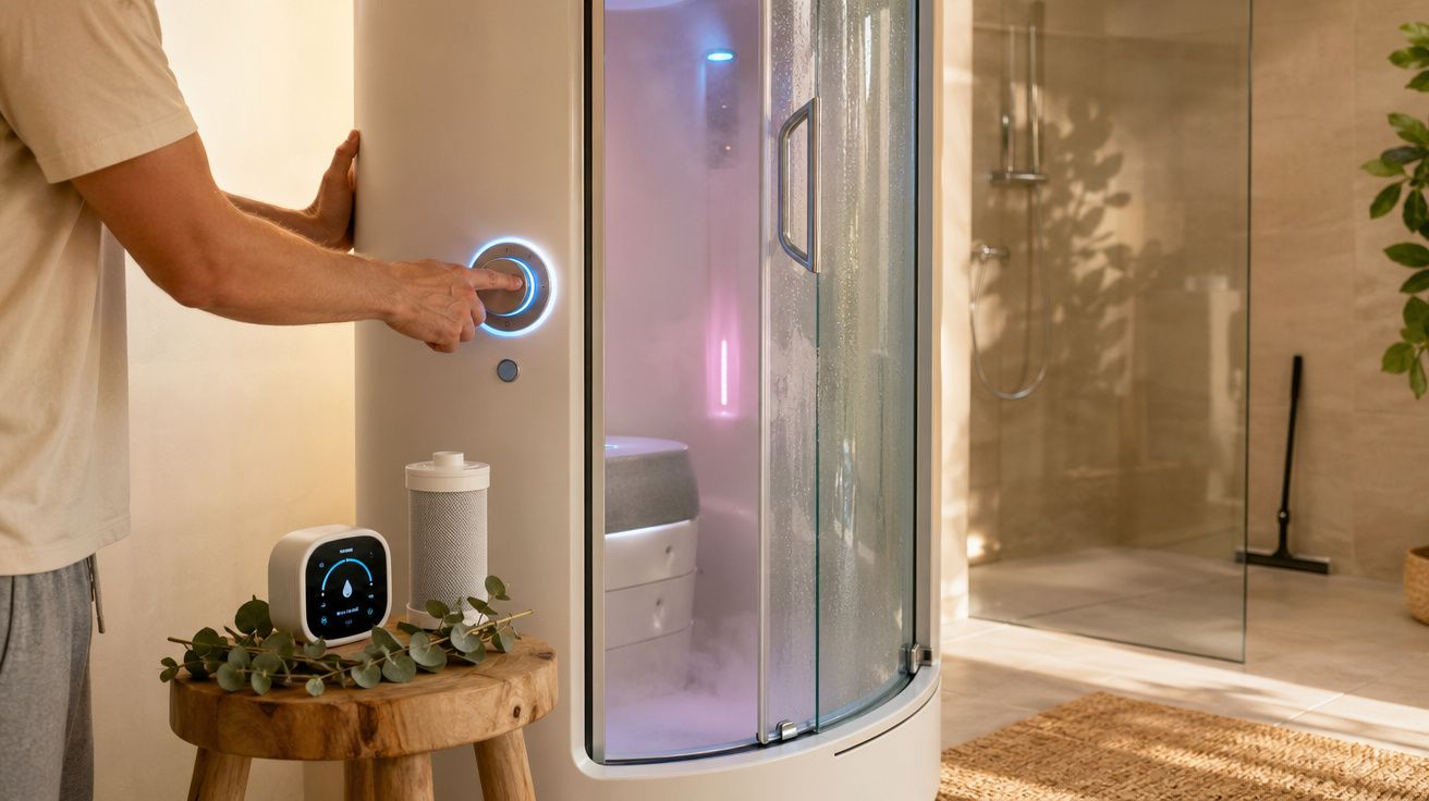 Pessoa a usar uma cabine de sauna a vapor moderna num ambiente de casa de banho acolhedor e decorado.
