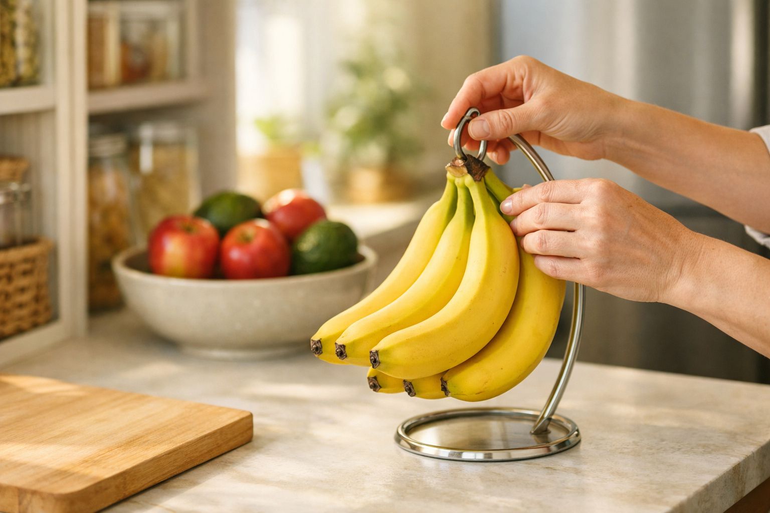 Mãos a pendurar um cacho de bananas maduras num suporte metálico na cozinha.