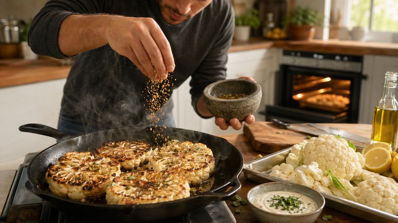 Pessoa tempera bifes de couve-flor numa frigideira grande numa cozinha moderna.