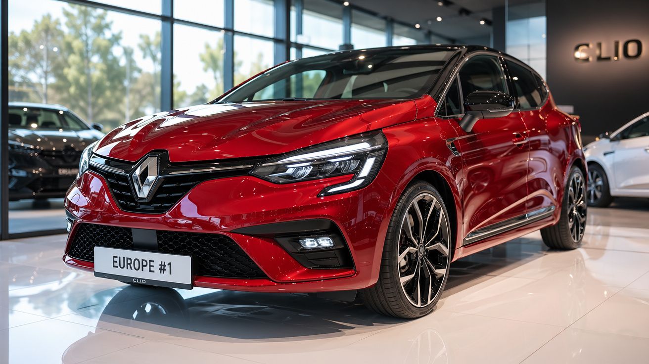 Carro Renault Clio vermelho brilhante estacionado em exposição num showroom moderno.