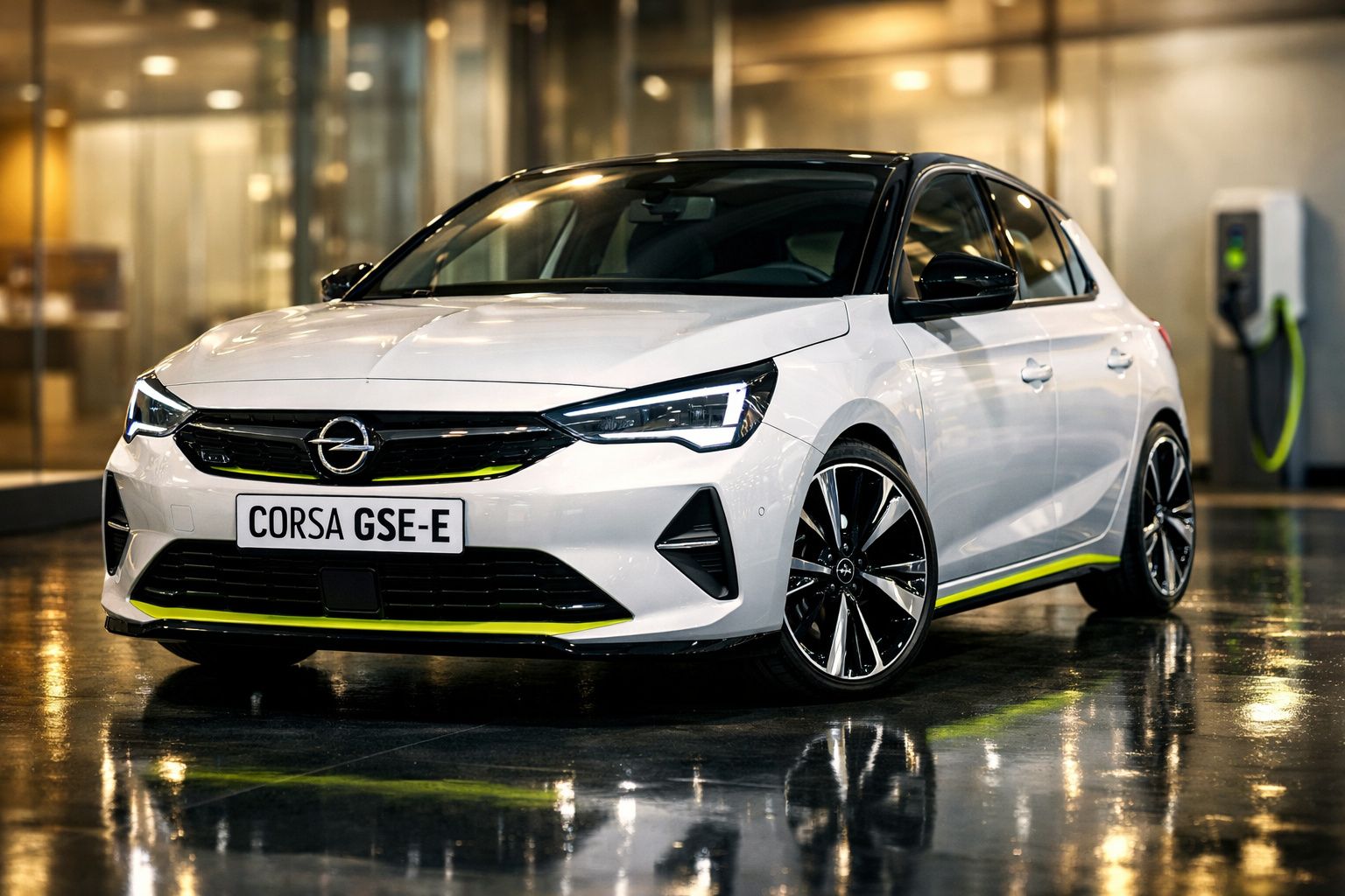 Carro elétrico branco Opel Corsa GSE-E estacionado num piso refletor, junto a um posto de carregamento.