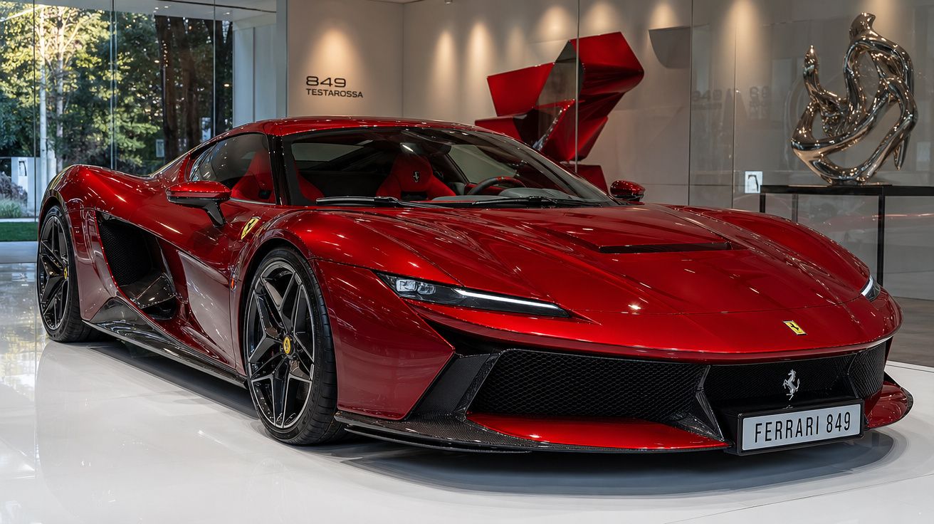 Carro desportivo Ferrari 849 Testarossa vermelho brilhante em exposição em ambiente moderno e elegante.
