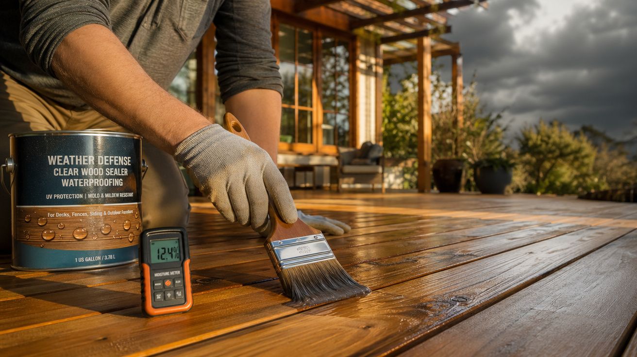 Pessoa a aplicar verniz em madeira de um terraço exterior com pincel, ao lado de medidor de humidade e lata de verniz.
