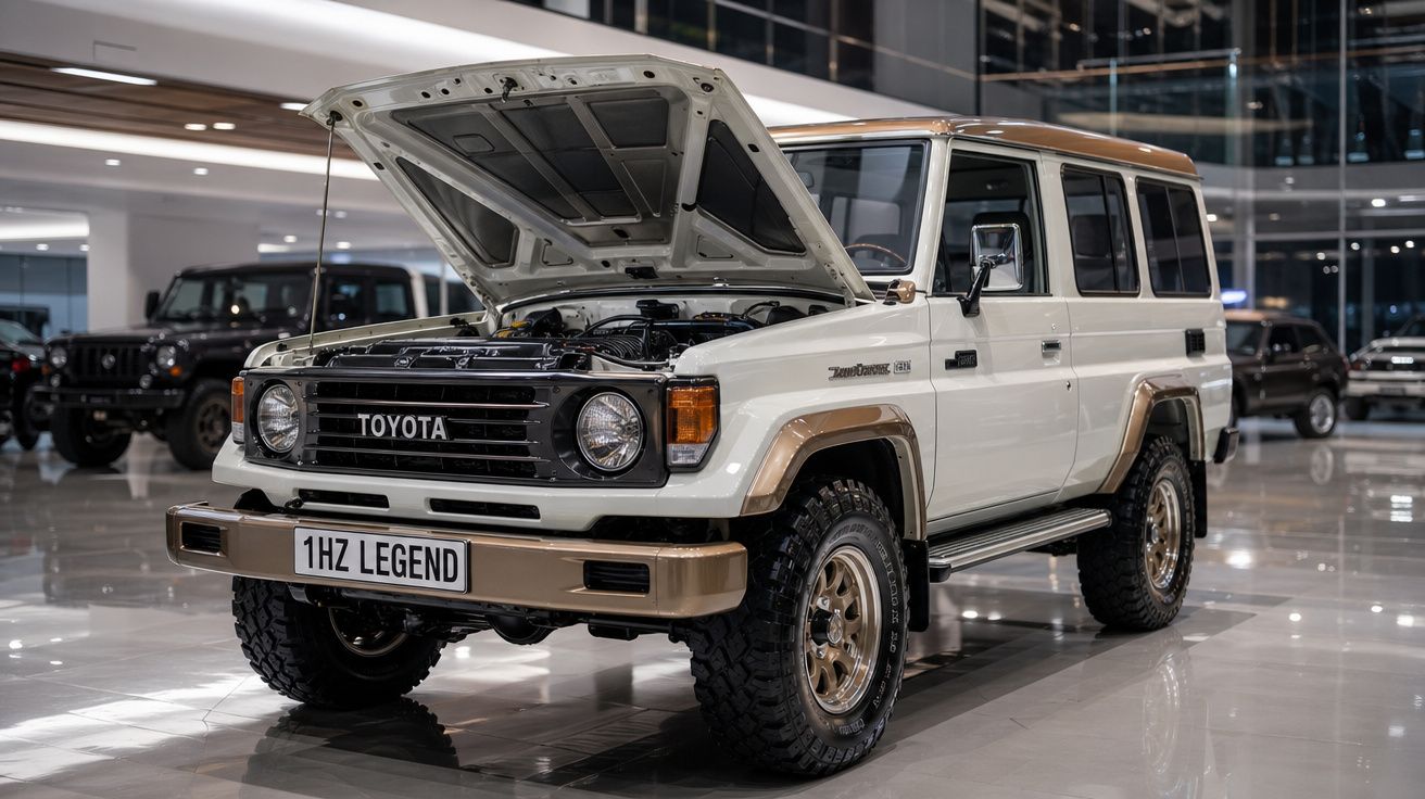 Toyota Land Cruiser clássico branco com capô aberto em exposição numa sala moderna.