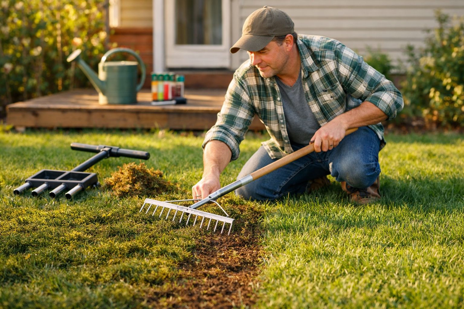Homem com boné e camisa às quadrados a cuidar do relvado com um ancinho num jardim ensolarado.
