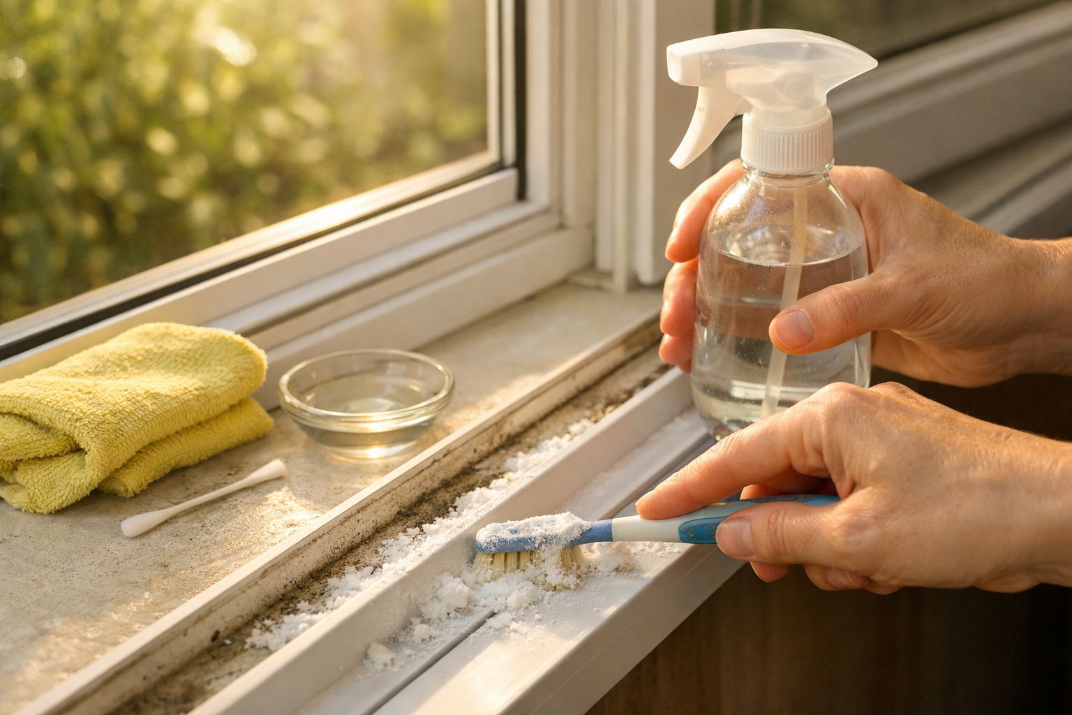 Pessoa a limpar o excesso de sal ou sujidade num caixilho de janela com escova de dentes e pulverizador.