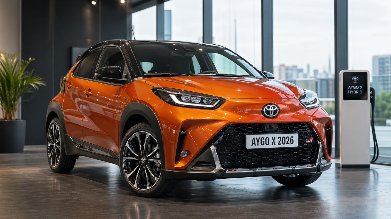 Carro Toyota Aygo X 2026 laranja exposto em showroom junto a posto de carregamento híbrido.
