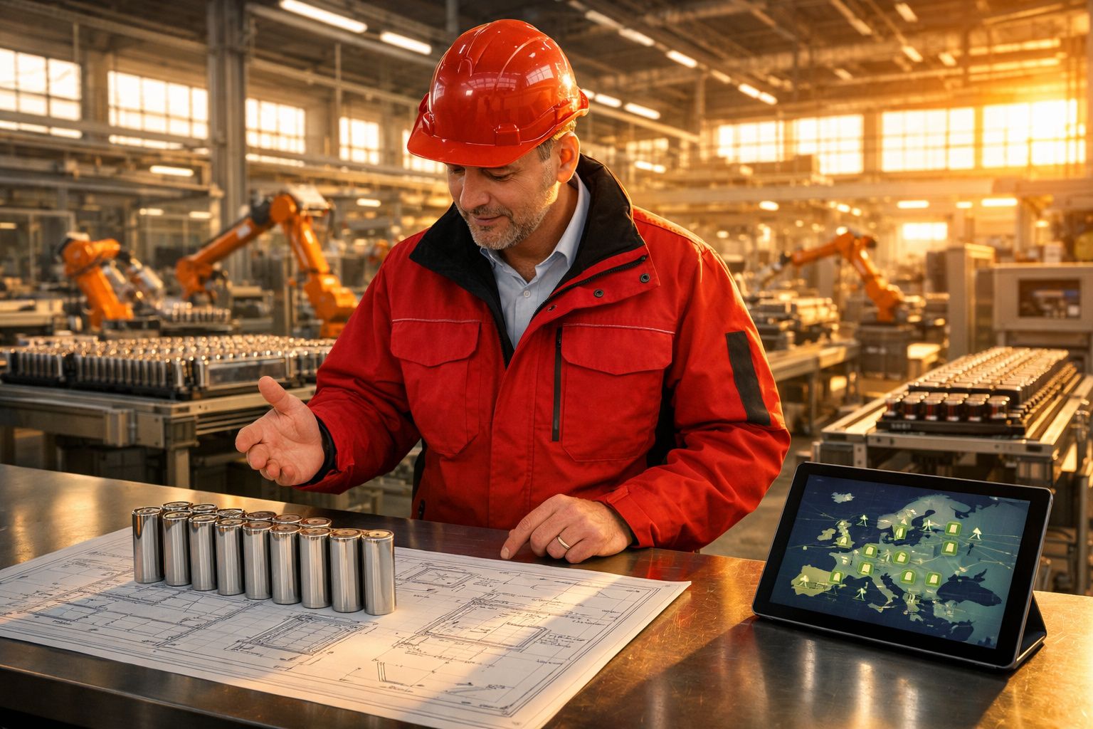 Homem de capacete vermelho e casaco vermelho analisa baterias sobre planta industrial com tablet a mostrar mapa da Europa.
