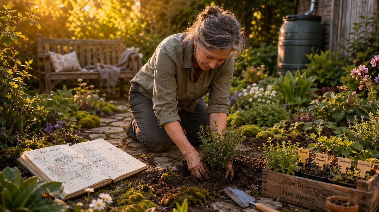 Mulher a plantar uma muda num jardim, rodeada de flores, com um livro aberto e ferramentas ao lado.