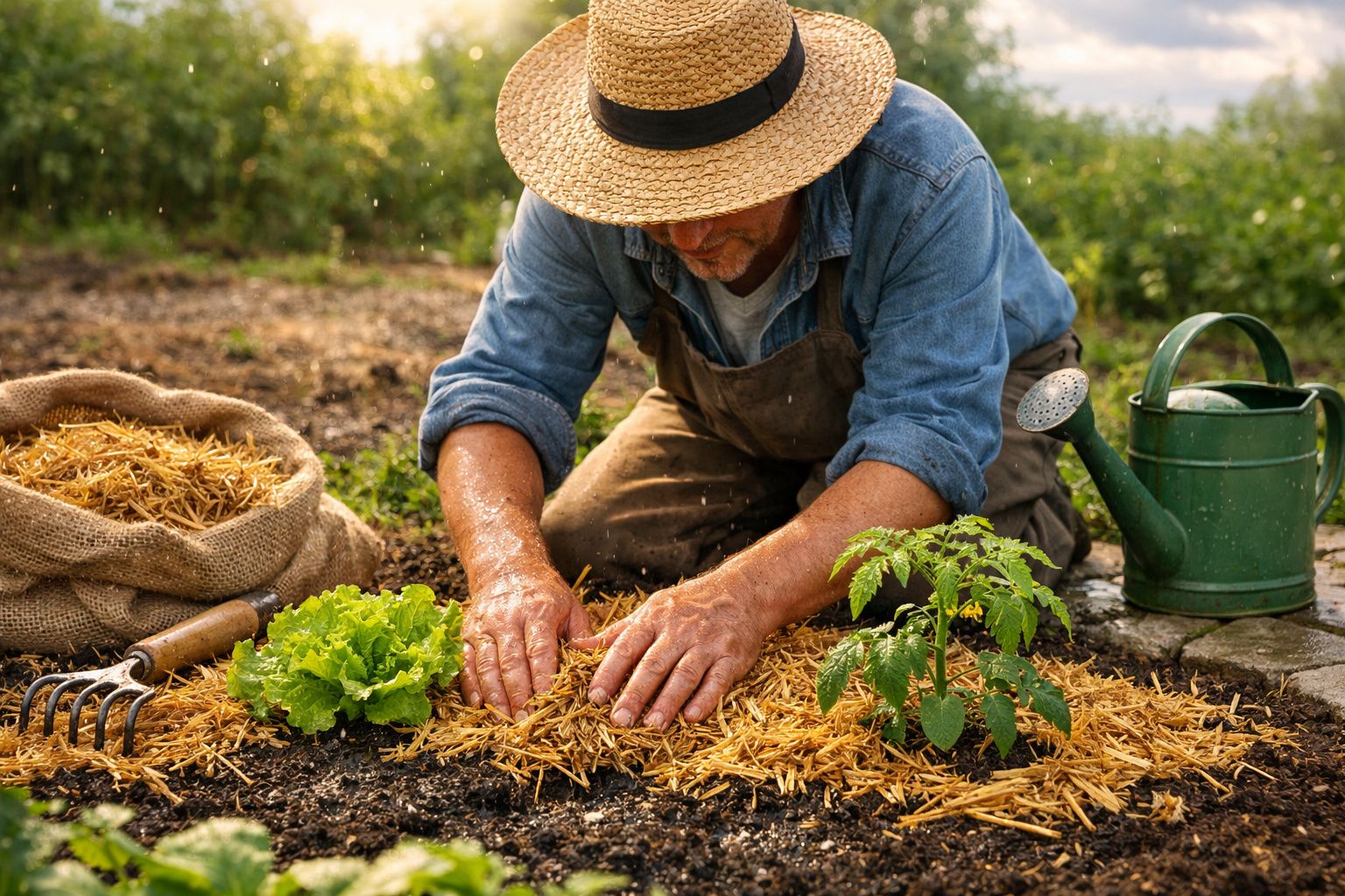 Homem de chapéu a colocar palha numa horta com alface e planta de tomate, com regador e enxada ao lado.