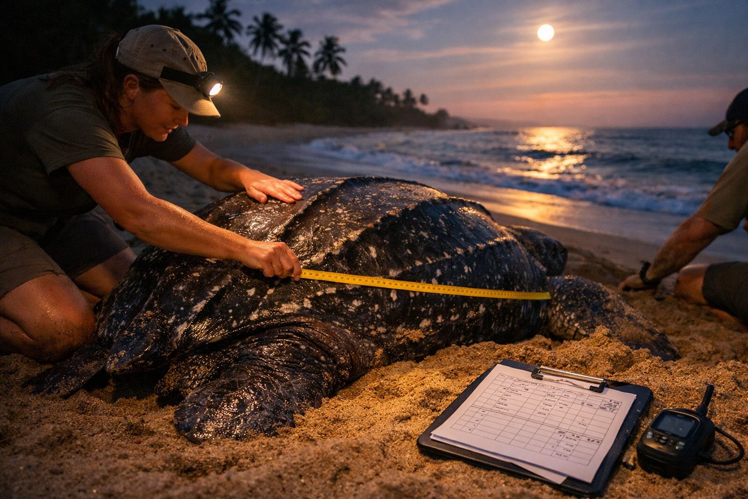 Investigadores medem uma grande tartaruga-marinha na praia ao pôr do sol, com pranchas e rádio junto.