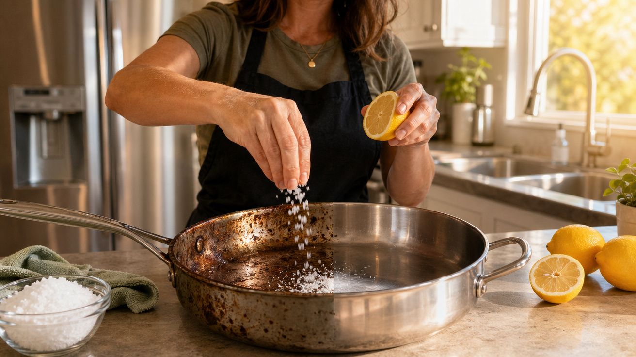 Pessoa a temperar uma frigideira com sal e sumo de limão numa cozinha iluminada.