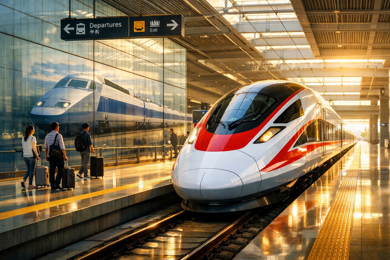 Comboio de alta velocidade numa estação moderna com passageiros e sinalização de partidas e saída.