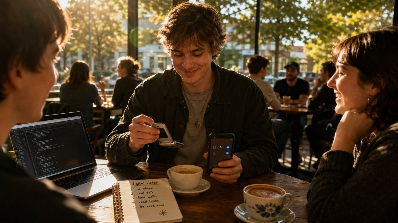Grupo de jovens a socializar num café com laptops, telemóveis e café numa manhã ensolarada.