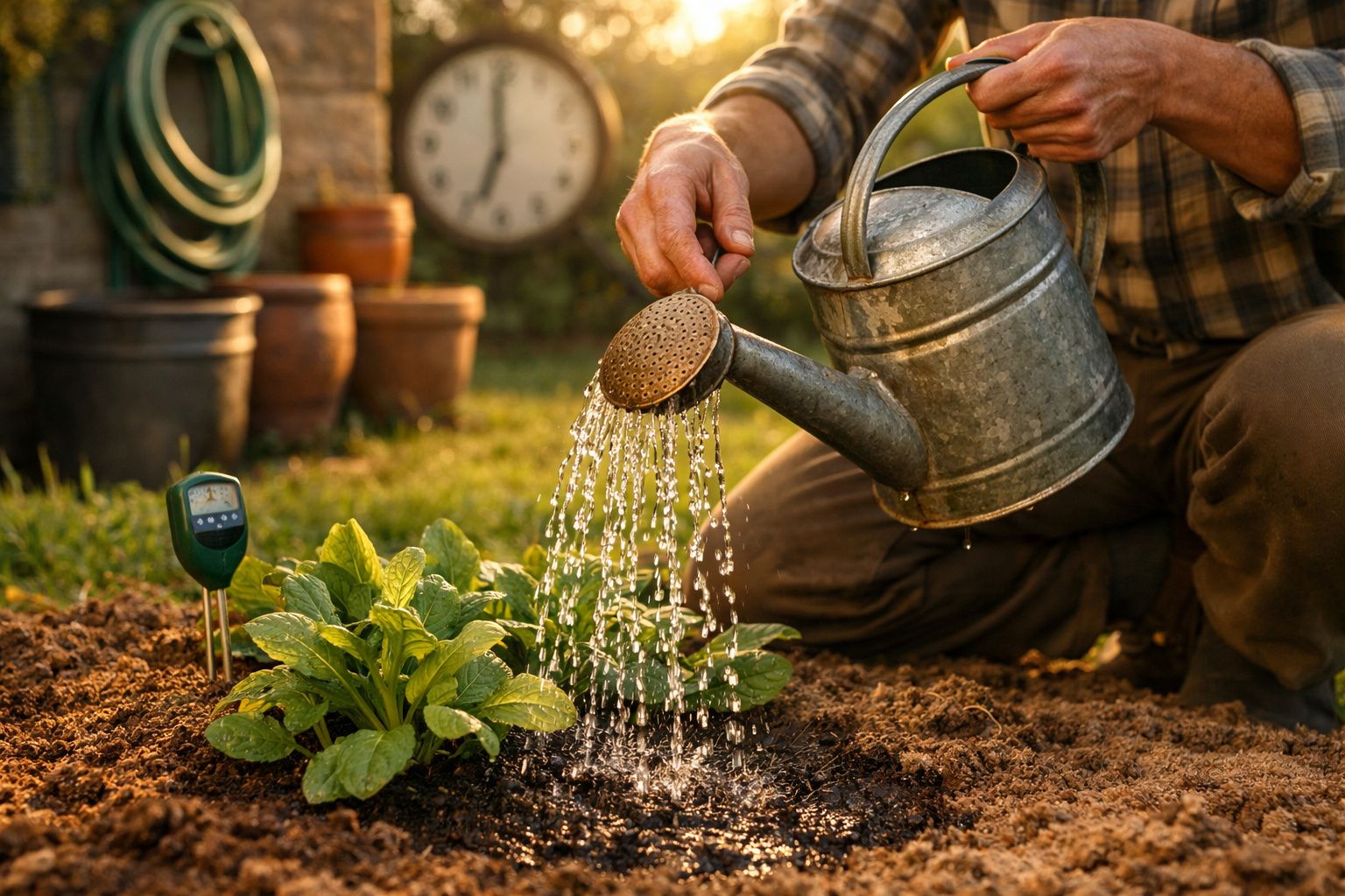 Pessoa a regar planta verde com regador metálico num jardim ao entardecer acima do solo.