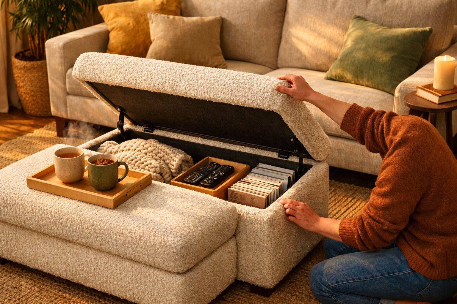 Pessoa a abrir um puff de tecido peludo com livros, mantas e comandos remotos no interior, numa sala acolhedora.