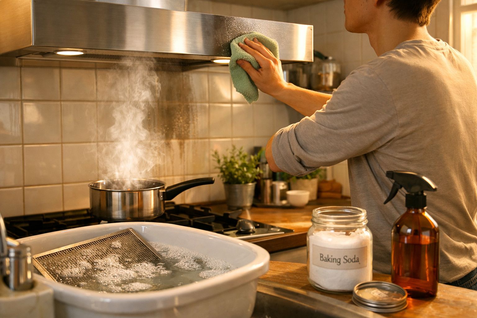 Pessoa a limpar o exaustor da cozinha enquanto uma panela com vapor cozinha no fogão.