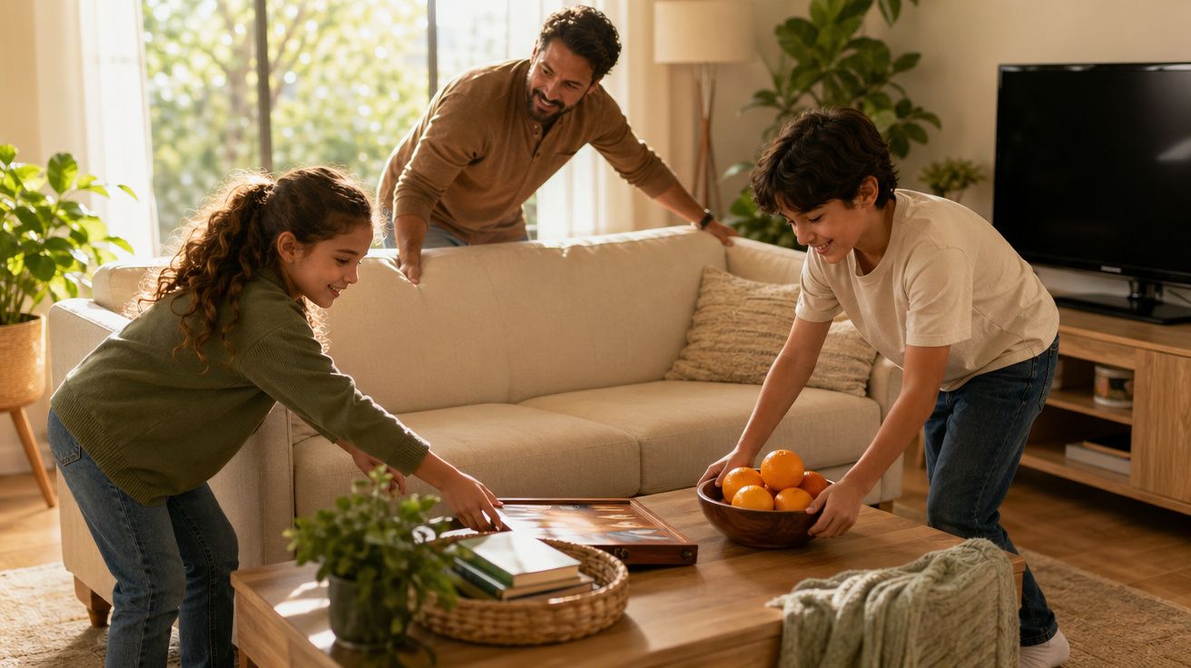 Pai observa dois filhos a jogar num tabuleiro na sala de estar iluminada e acolhedora.