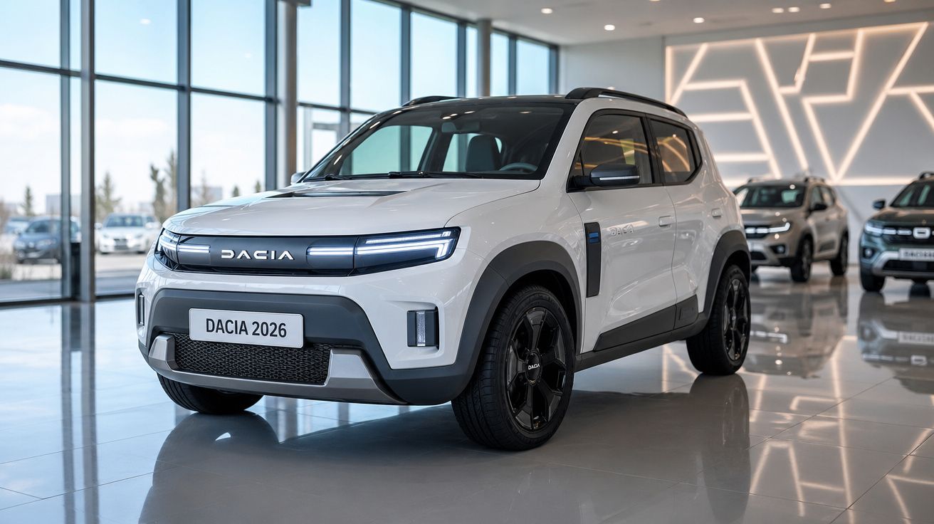 Carro Dacia branco modelo 2026 em exposição numa sala moderna com janelas grandes.