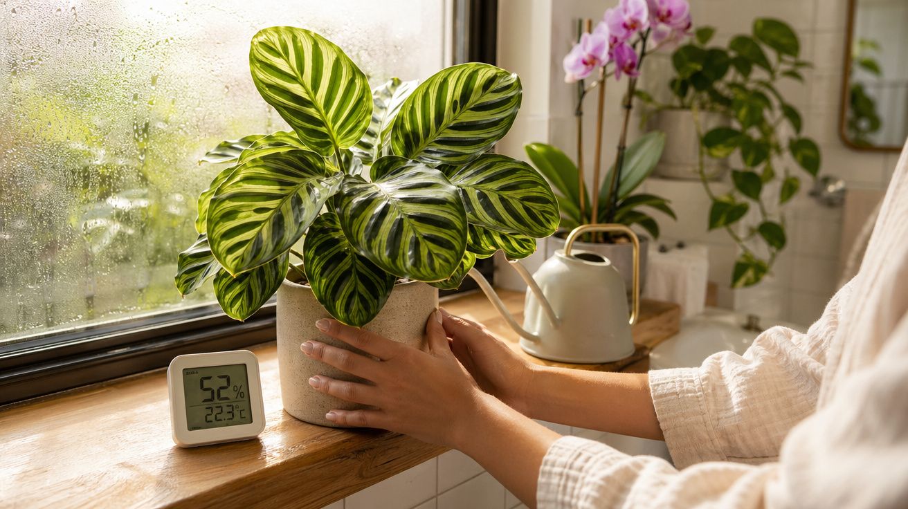 Mãos a colocar planta com folhas verdes junto a janela com regador e medidor de humidade e temperatura.