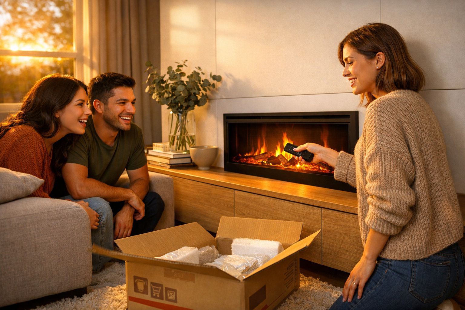 Duas pessoas sentadas no chão sorrindo enquanto outra, com comando na mão, está junto a uma lareira acesa e uma caixa aberta.