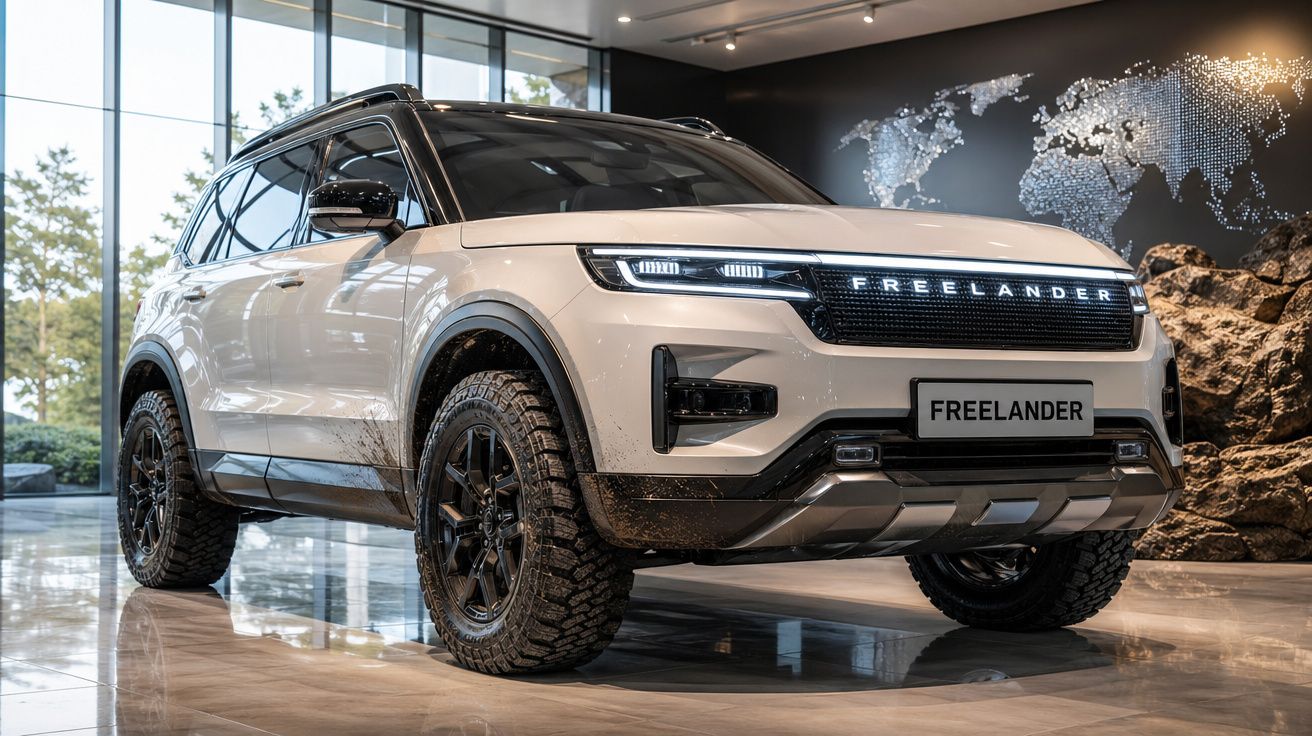 Carro SUV branco modelo Freelander em exibição numa sala moderna com grande janela e mapa do mundo.