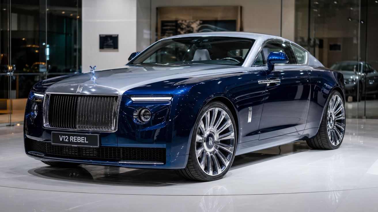 Automóvel de luxo Rolls-Royce V12 Rebel azul e prata exposto em salão moderno e iluminado.