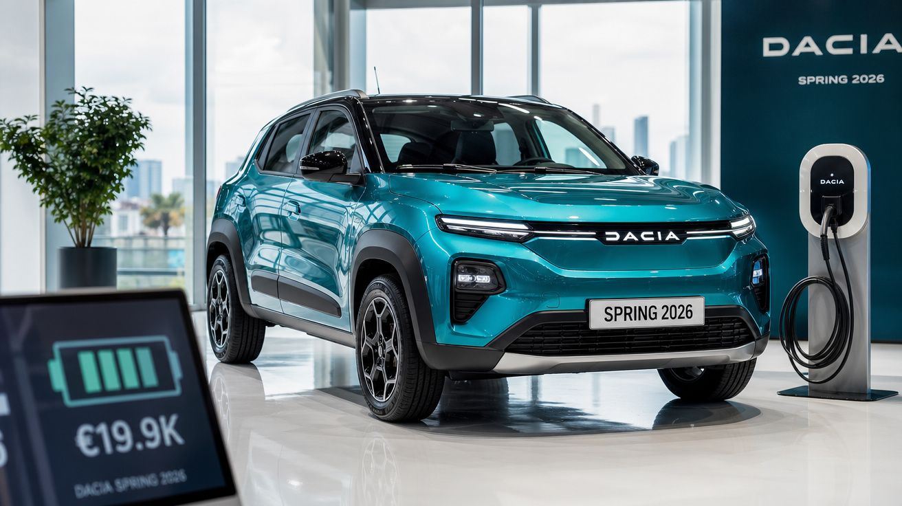 Carro elétrico Dacia Spring 2026 azul em exposição, ligado a uma estação de carregamento.