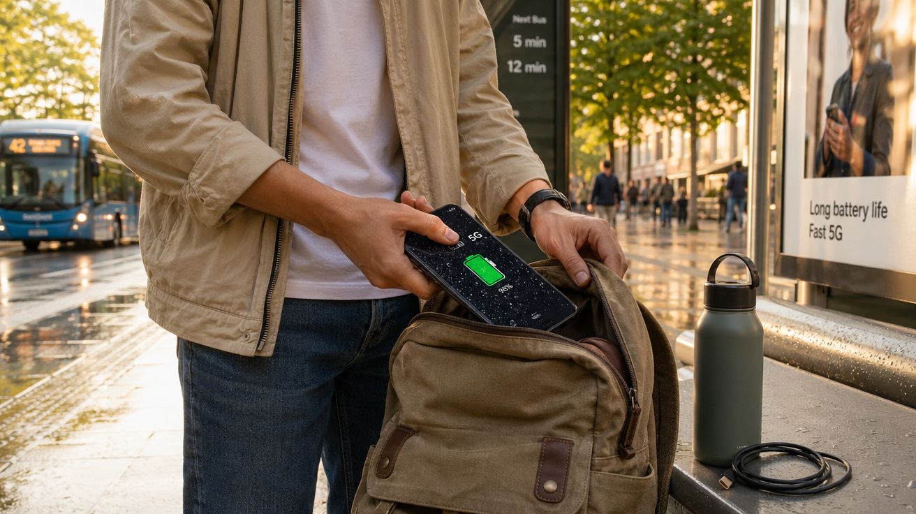 Pessoa a guardar telemóvel carregado com símbolo de bateria cheia numa mochila na rua, com autocarro ao fundo.