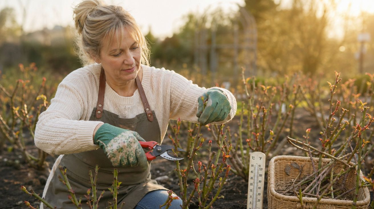 Mulher com luvas e avental podando ramos de roseira ao amanhecer num jardim.