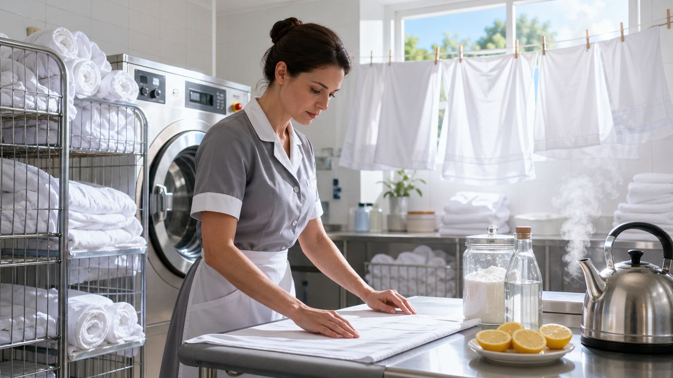 Mulher a estender roupa branca numa lavanderia profissional com máquina, toalhas, limão e jarro na mesa.
