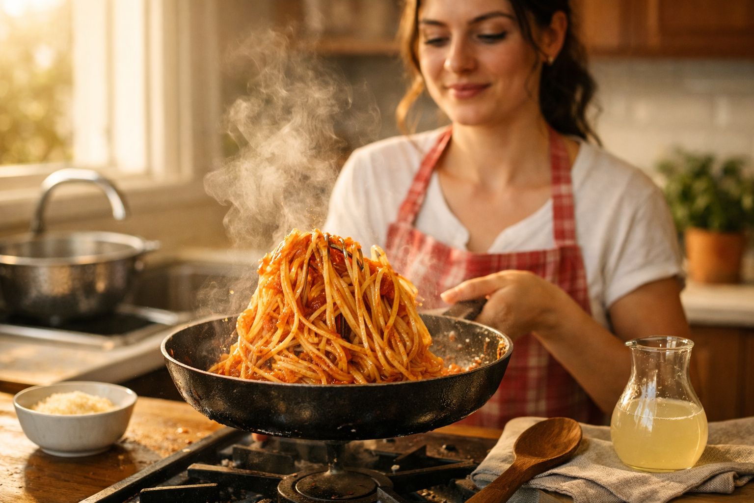 Mulher a cozinhar esparguete com molho de tomate numa frigideira quente na cozinha iluminada.