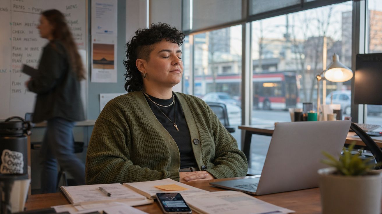 Pessoa sentada com os olhos fechados a meditar numa mesa de escritório com computador e documentos.