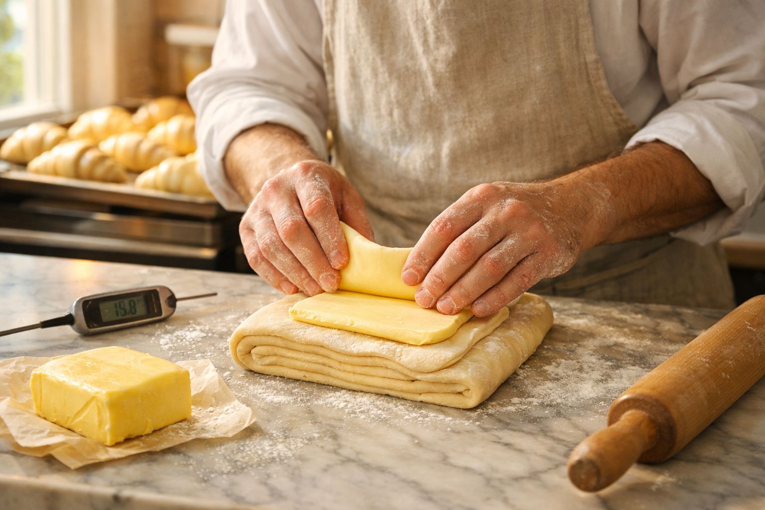 Pessoa a dobrar massa folhada com manteiga numa bancada de mármore, com rolo e termómetro de cozinha.