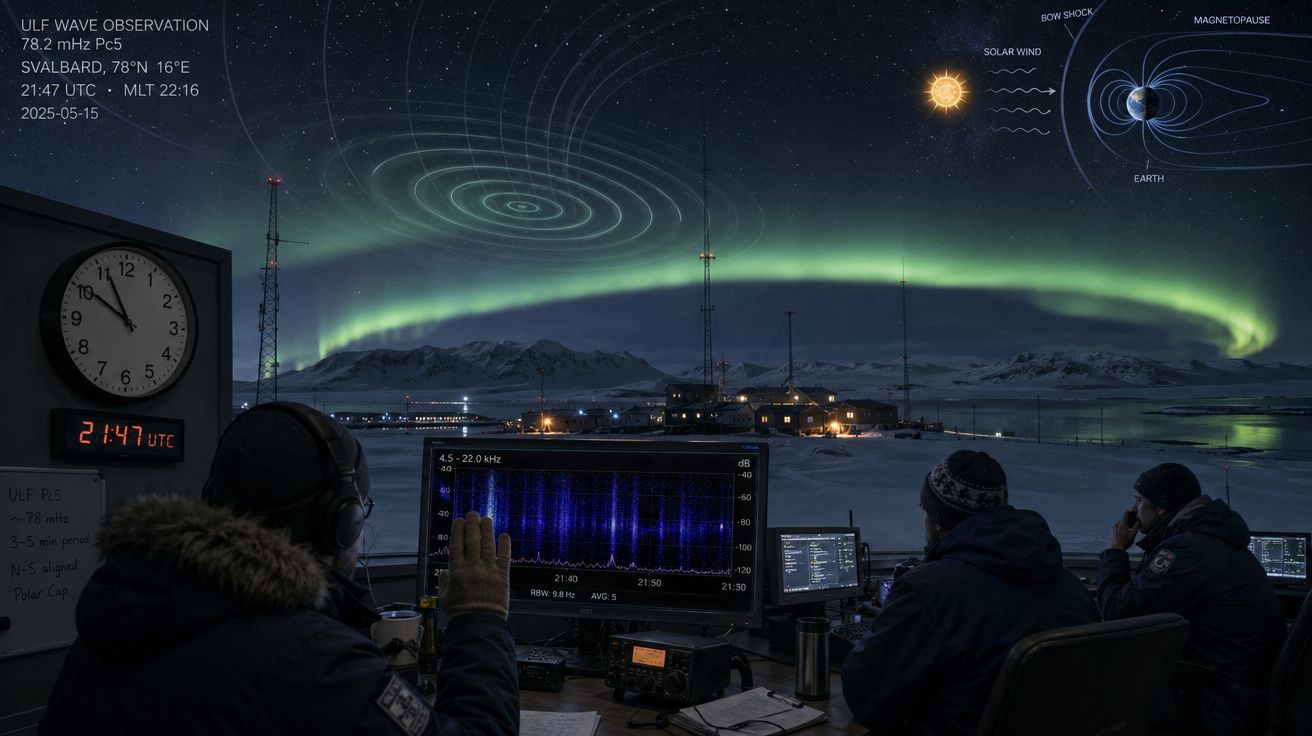 Observadores de ondas ULF monitorizam software com aurora boreal no céu em Svalbard, com esquema da magnetosfera.
