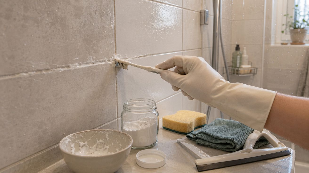 Mão com luva a limpar juntas de azulejos de parede de casa de banho com escova e produtos de limpeza.