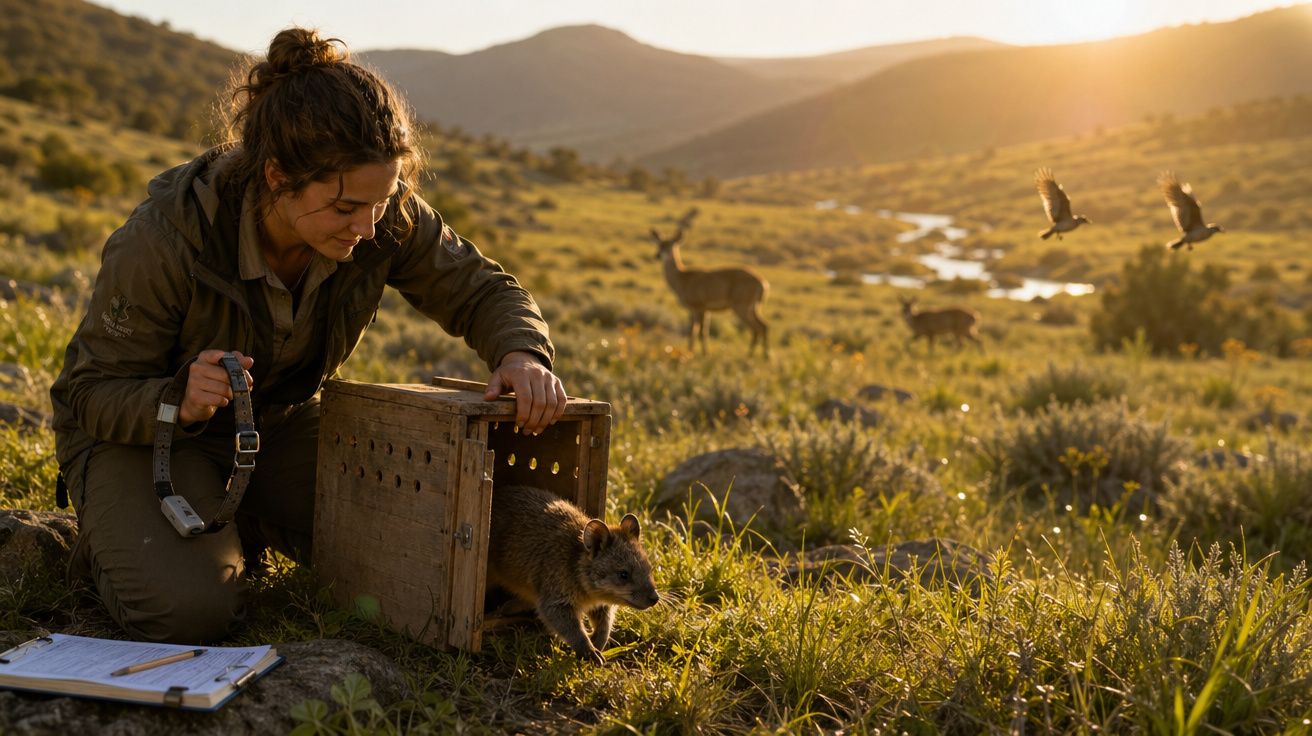 Mulher liberta quokka de caixa de madeira ao pôr do sol numa paisagem campestre com veados e aves ao fundo.