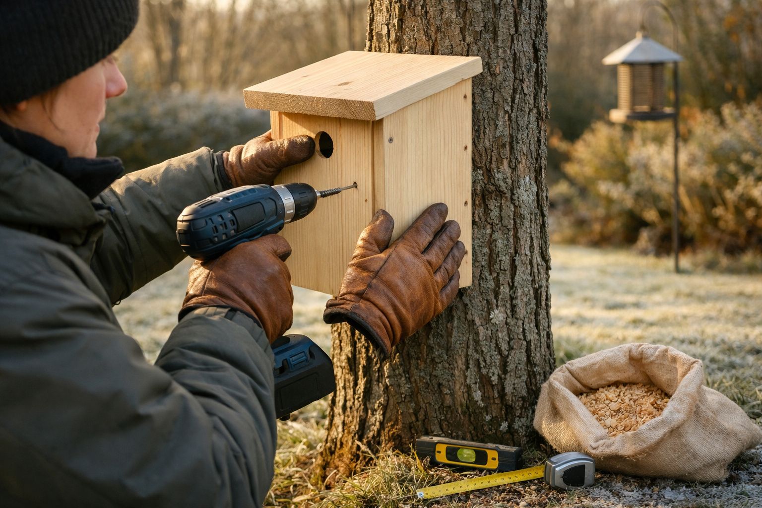 Pessoa a fixar uma casinha de madeira numa árvore com uma parafuseira, ao ar livre.