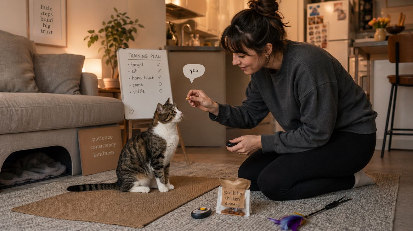 Mulher a treinar um gato dentro de casa com plano de treino escrito num quadro branco.